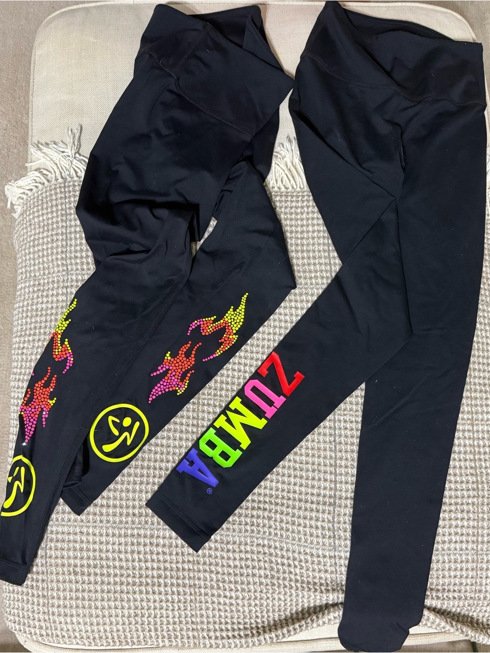 Zumba Fitness Black Leggings with Neon Flame Accents and Multicolor ZUMBA Logo